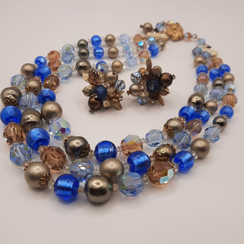 Vintage Vendome Crystal and Blue Glass Bead Jewelry set